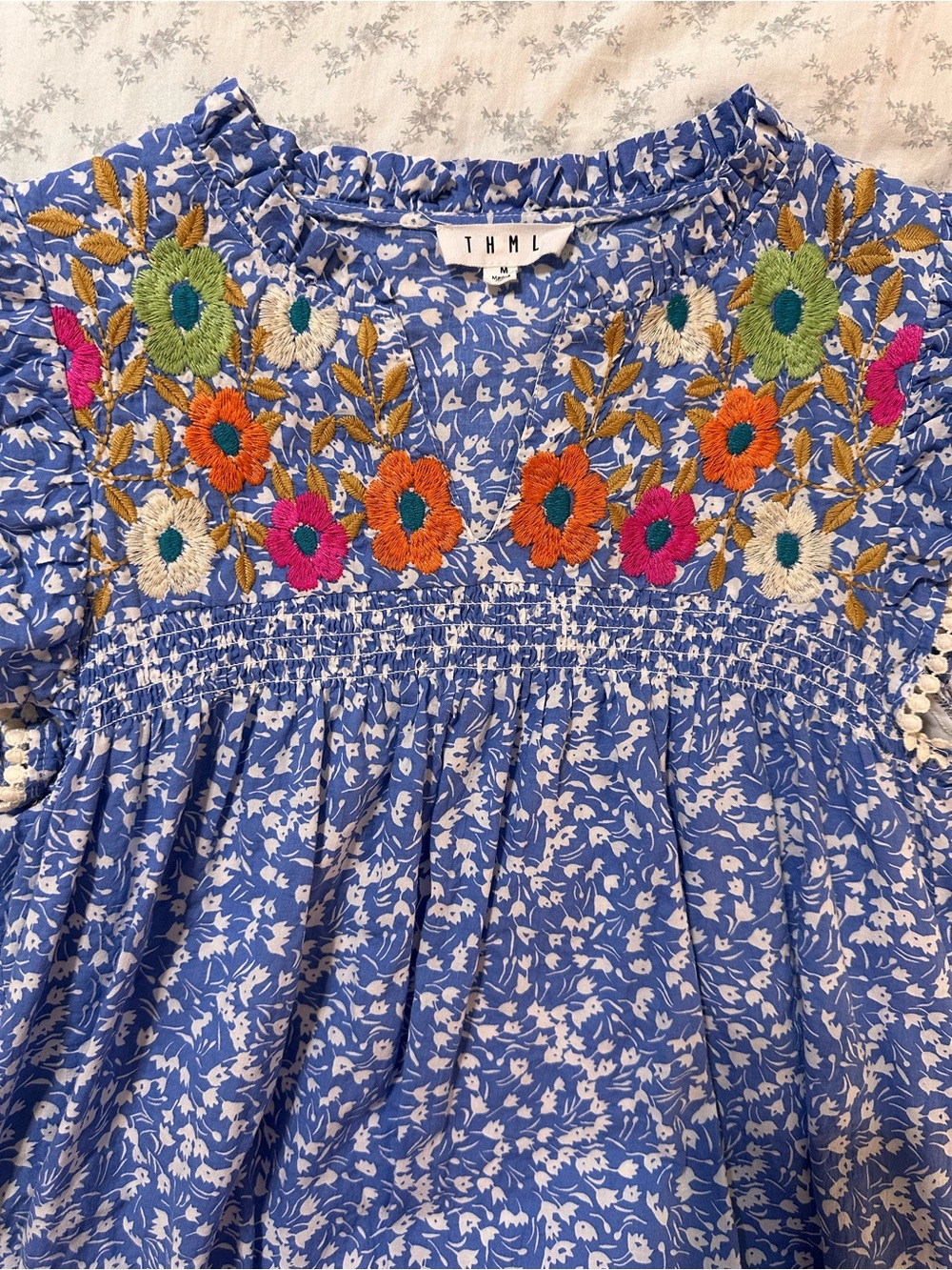THML Blue Floral Embroidered Yoke Mini Dress - Picture 4 of 6